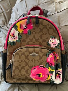 Coach Brown Signature Canvas Backpack with Pink Floral Accents